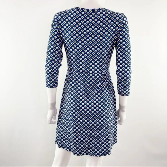 Boden Long Blue Patterned 3/4 Sleeve Short V-Neck Dress Size 6 - Picture 7 of 8